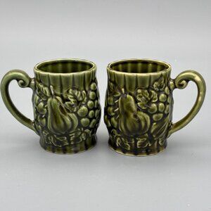 Vintage Japanese Green Drip Glaze Mugs Pair with Raised Grape Design Stoneware